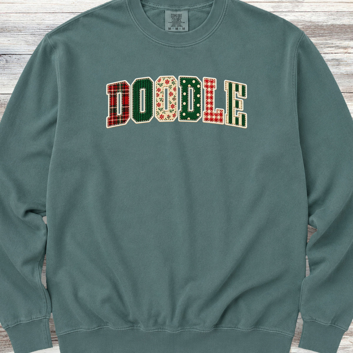 Doodle Holiday Faux Patchwork Sweatshirt - Blue Spruce