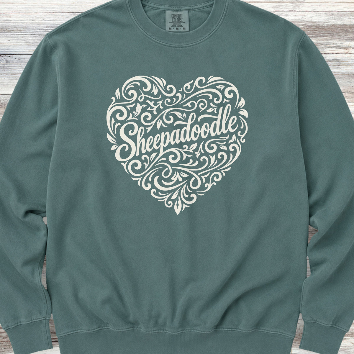 Sheepadoodle Heart Script Sweatshirt - Blue Spruce