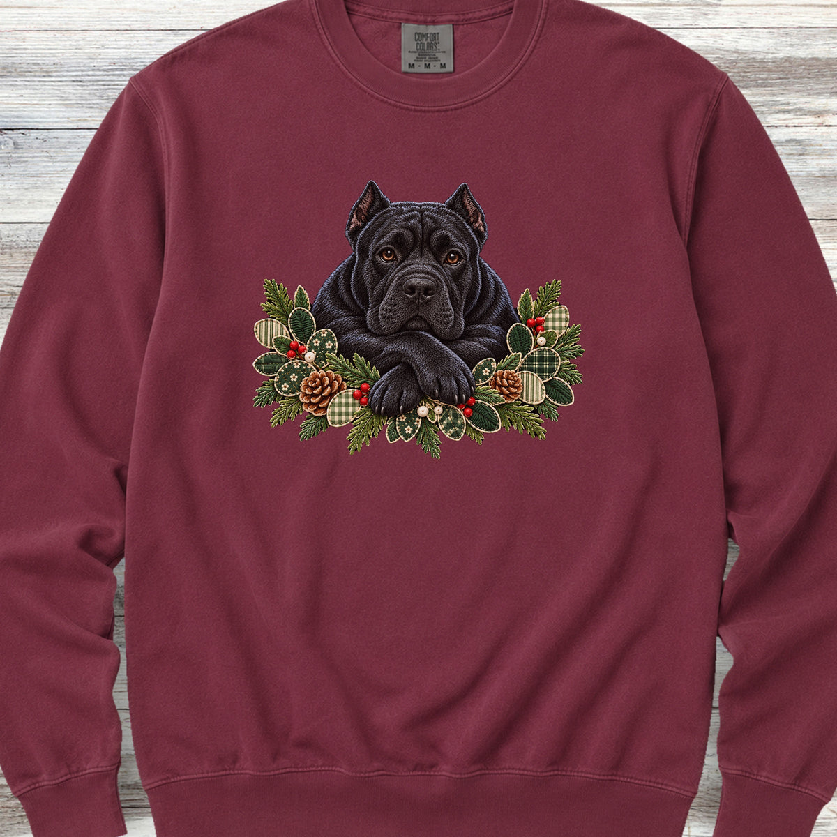 Cane Corso Black Winter Greenery Faux Embroidery Sweatshirt - Crimson