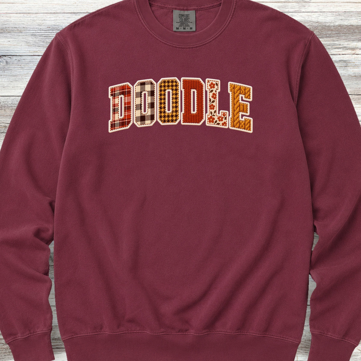 Doodle Fall Faux Patchwork Sweatshirt - Crimson