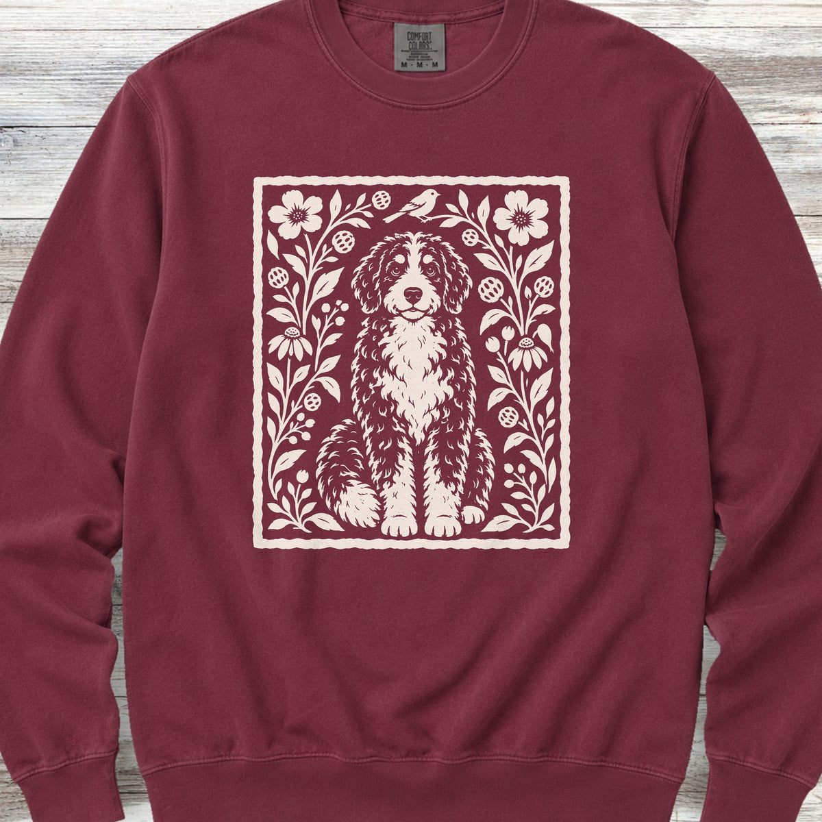 Bernedoodle Folk Art Floral Sweatshirt - Crimson
