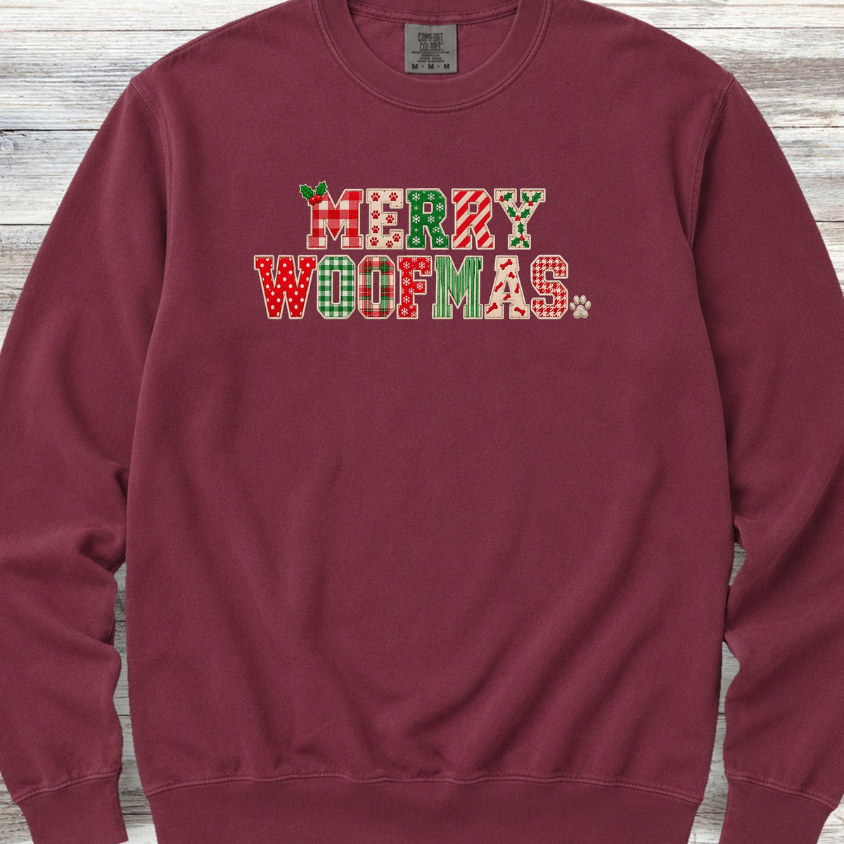 Merry Woofmas Faux Patchwork Sweatshirt - Crimson