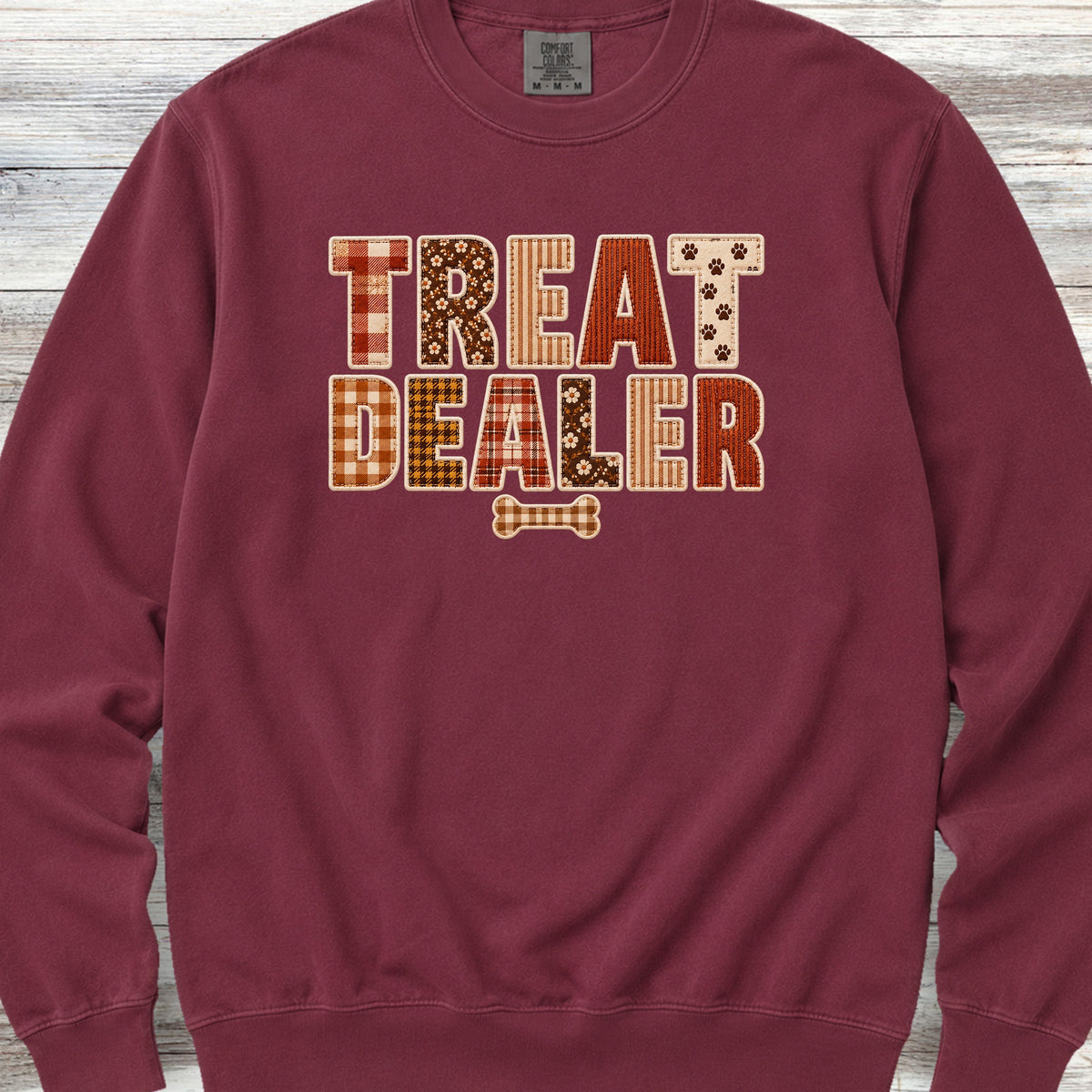 Treat Dealer Fall Faux Patchwork Sweatshirt - Crimson