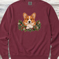 Corgi Winter Greenery Faux Embroidery Sweatshirt - Crimson