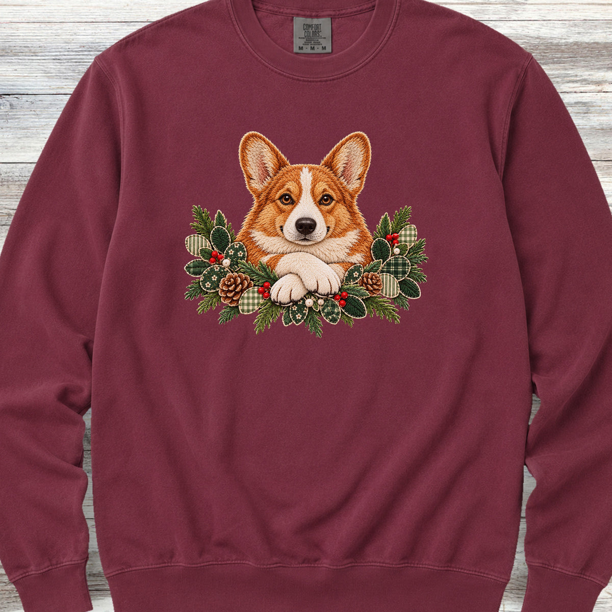 Corgi Winter Greenery Faux Embroidery Sweatshirt - Crimson
