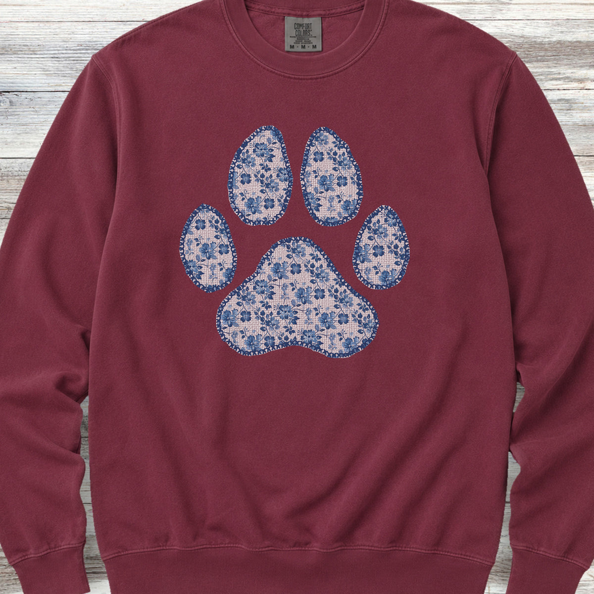 Blue Floral Paw Print Sweatshirt - Crimson