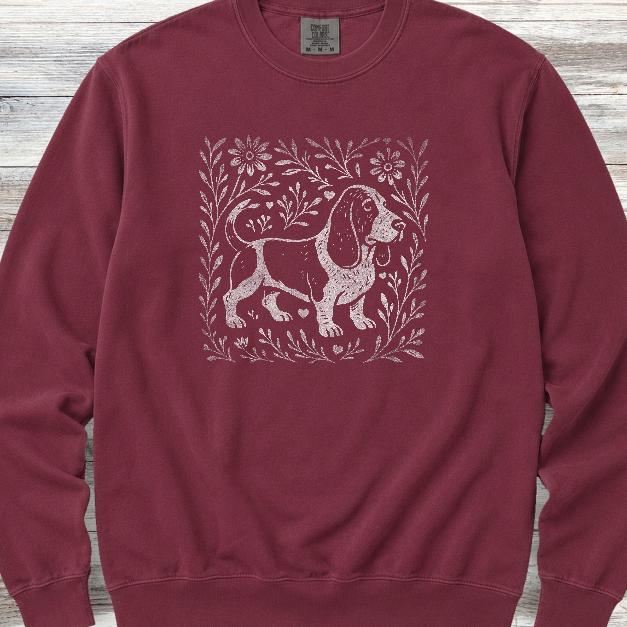 Basset Hound Linocut Sweatshirt - Crimson