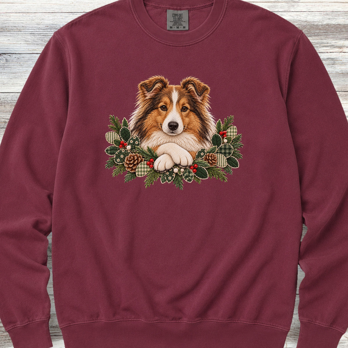 Shetland Sheepdog Winter Greenery Faux Embroidery Sweatshirt - Crimson