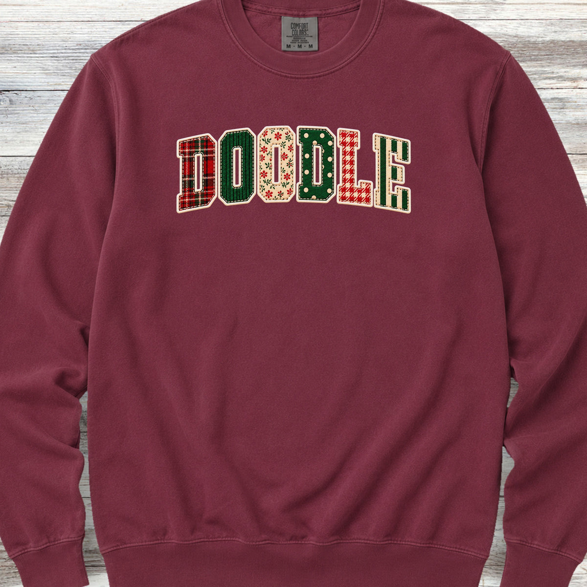 Doodle Holiday Faux Patchwork Sweatshirt - Crimson