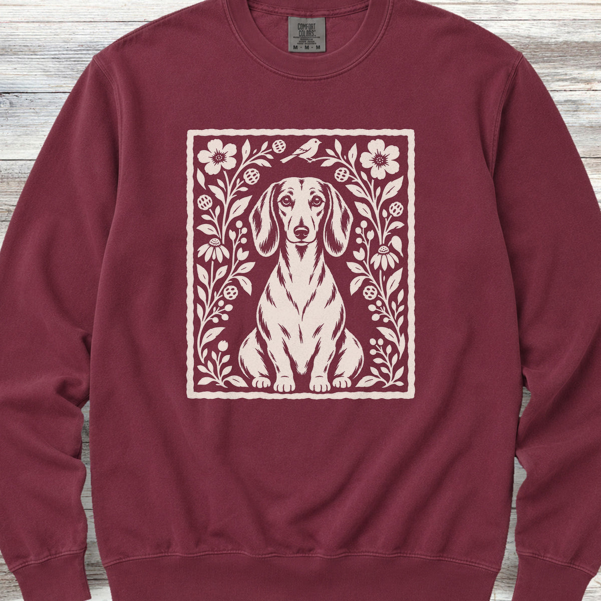 Dachshund Folk Art Floral Sweatshirt - Crimson