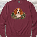 Beagle Red and White Winter Greenery Faux Embroidery Sweatshirt - Crimson