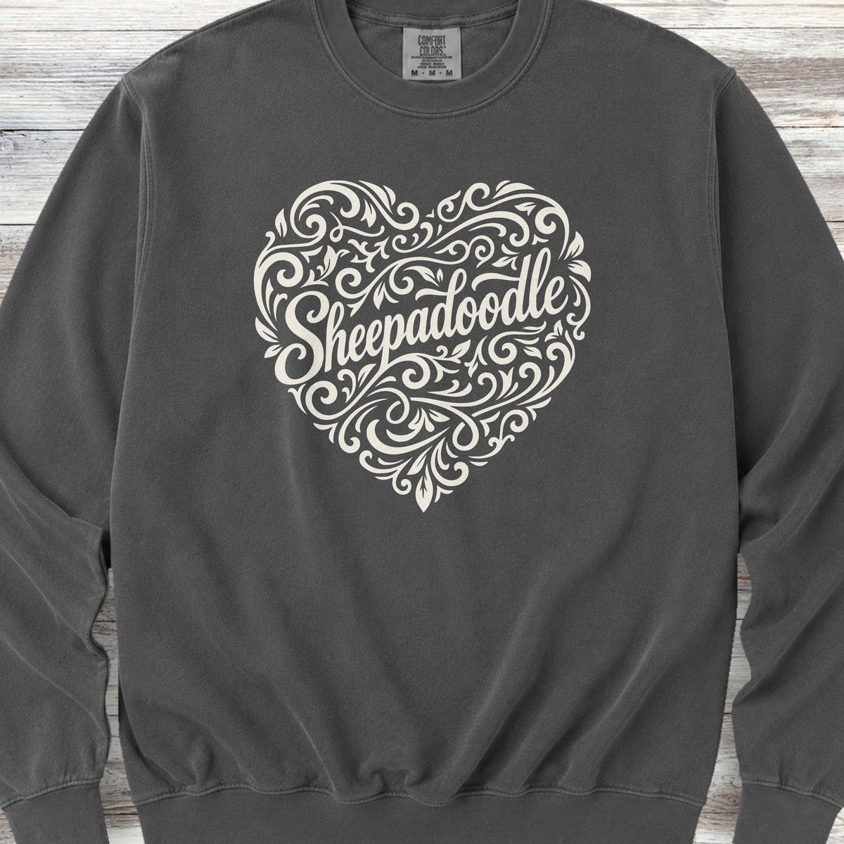Sheepadoodle Heart Script Sweatshirt - Pepper