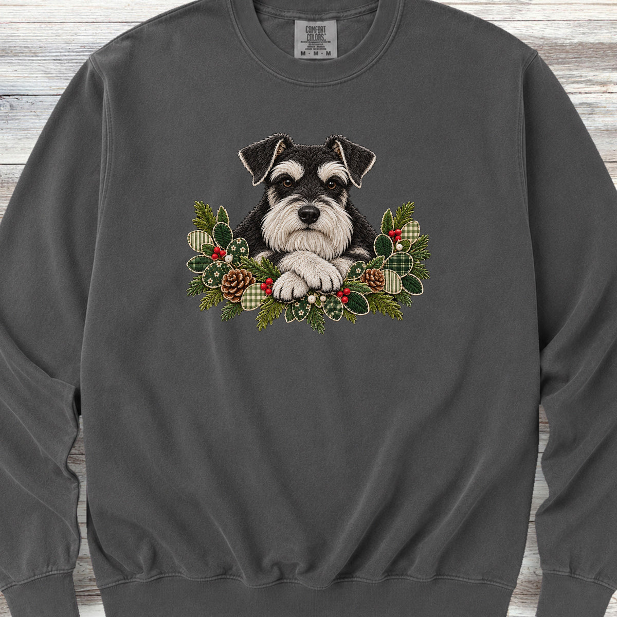 Schnauzer Black and Silver Winter Greenery Faux Embroidery Sweatshirt - Pepper