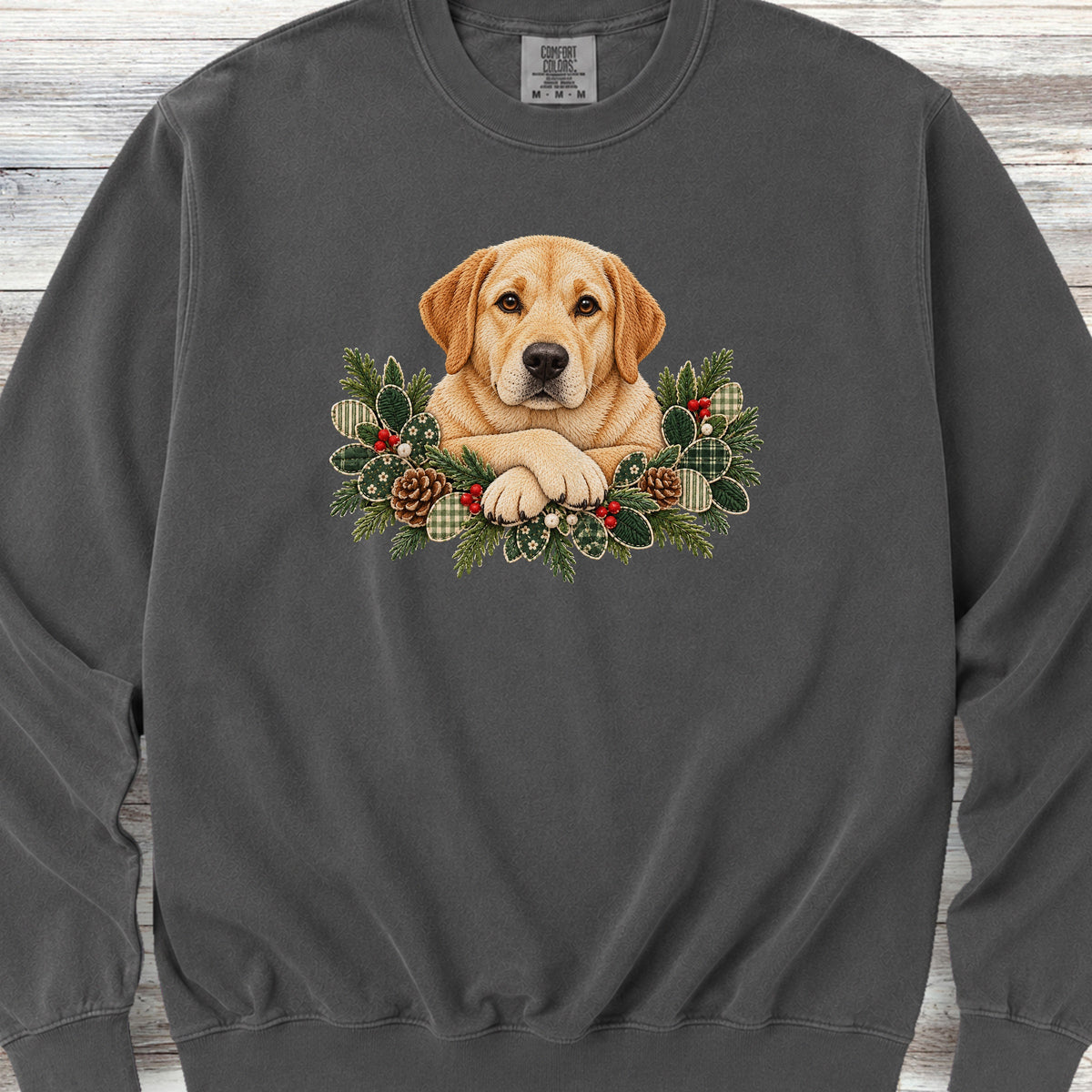 Labrador Retriever Yellow Winter Greenery Faux Embroidery Sweatshirt - Pepper