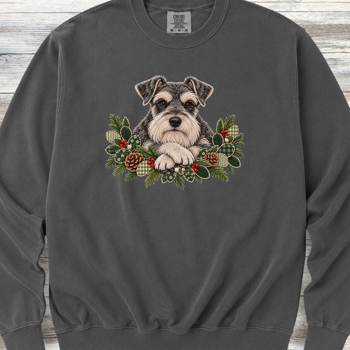 Schnauzer Winter Greenery Faux Embroidery Sweatshirt - Pepper