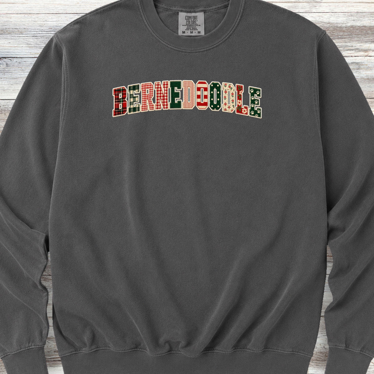 Bernedoodle Holiday Faux Patchwork Sweatshirt - Pepper
