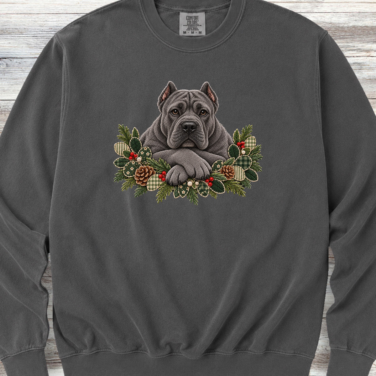 Cane Corso Gray Winter Greenery Faux Embroidery Sweatshirt - Pepper