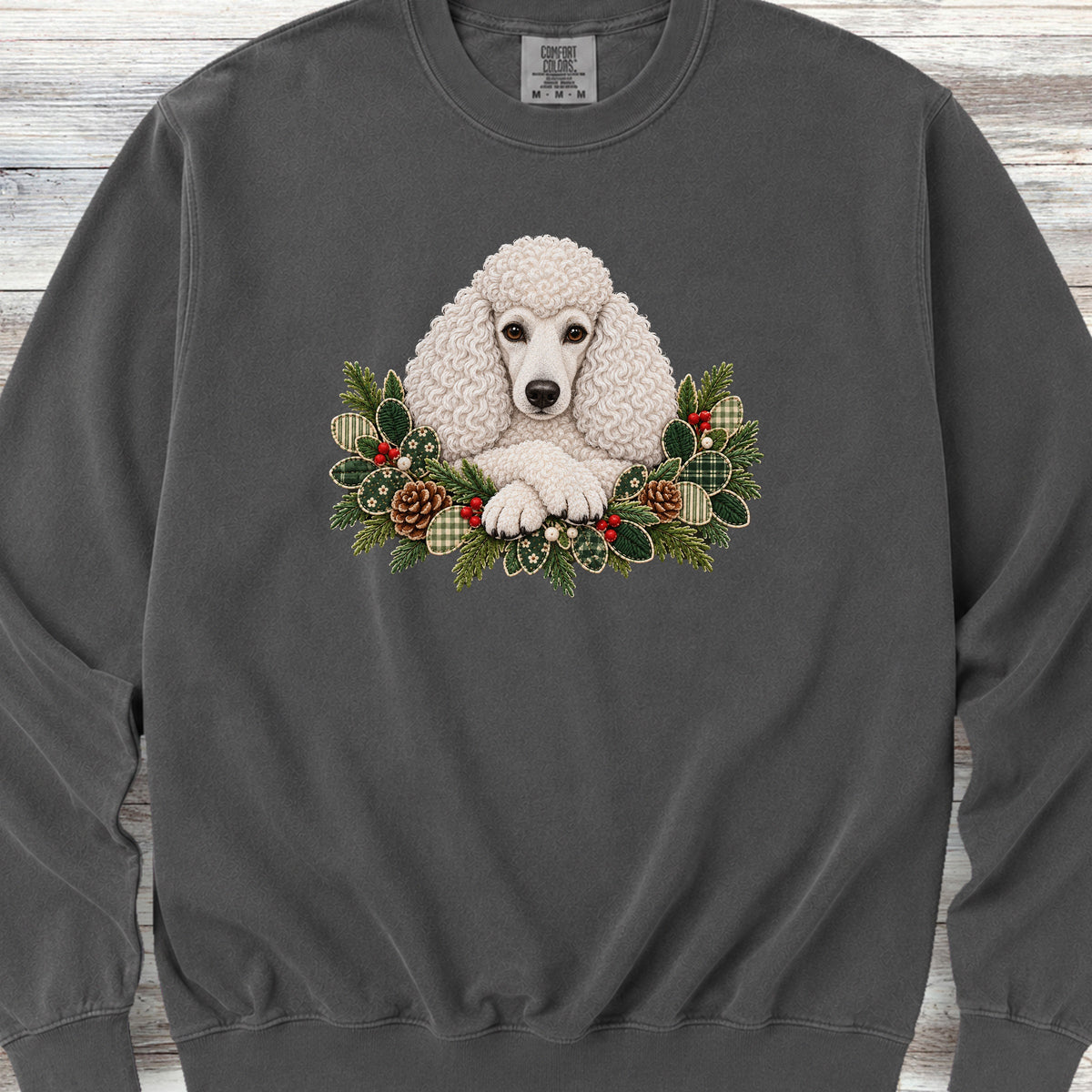 Poodle White Winter Greenery Faux Embroidery Sweatshirt - Pepper