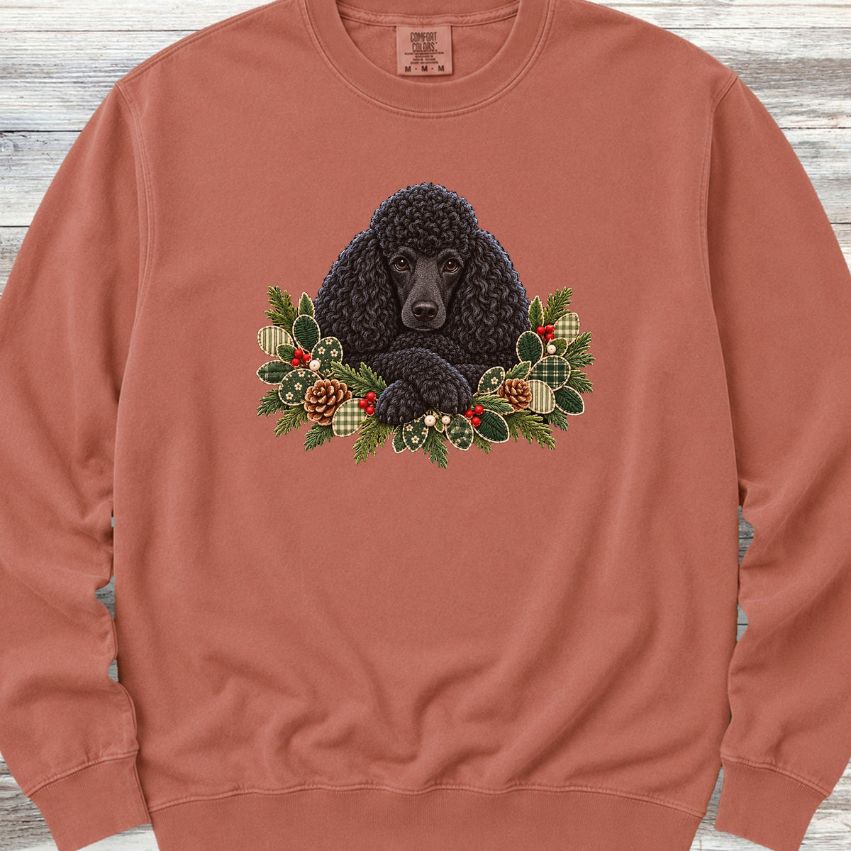 Poodle Black Winter Greenery Faux Embroidery Sweatshirt - Terracotta
