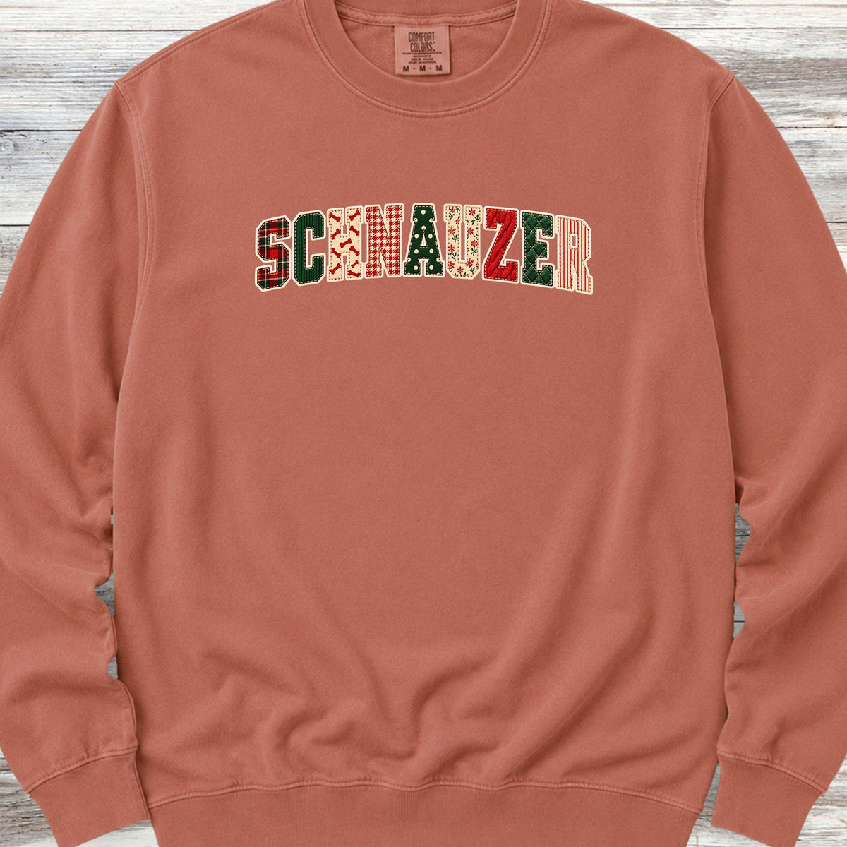 Schnauzer Holiday Faux Patchwork Sweatshirt - Terracotta