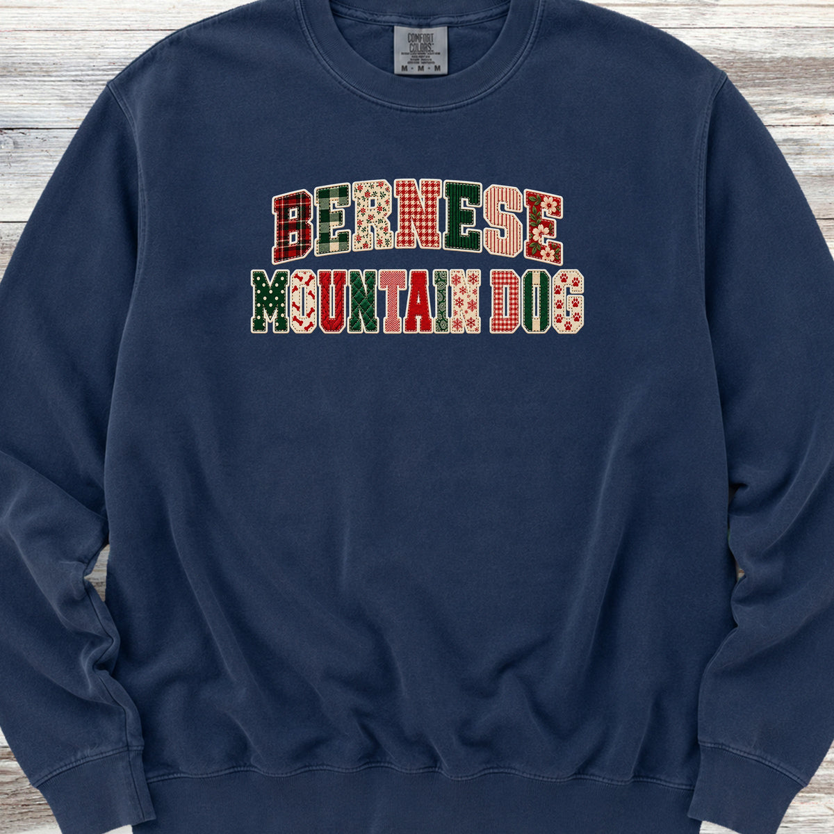 Bernese Mountain Dog Holiday Faux Patchwork Sweatshirt - True Navy