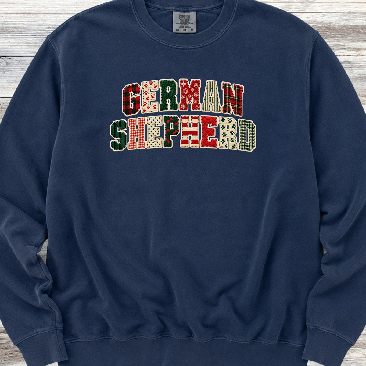 German Shepherd Holiday Faux Patchwork Sweatshirt - True Navy