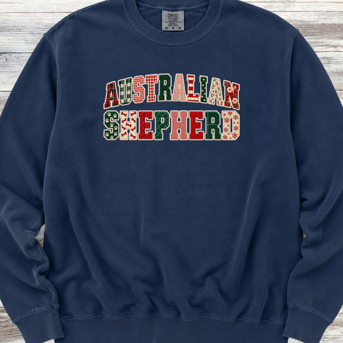 Australian Shepherd Holiday Faux Patchwork Sweatshirt - True Navy