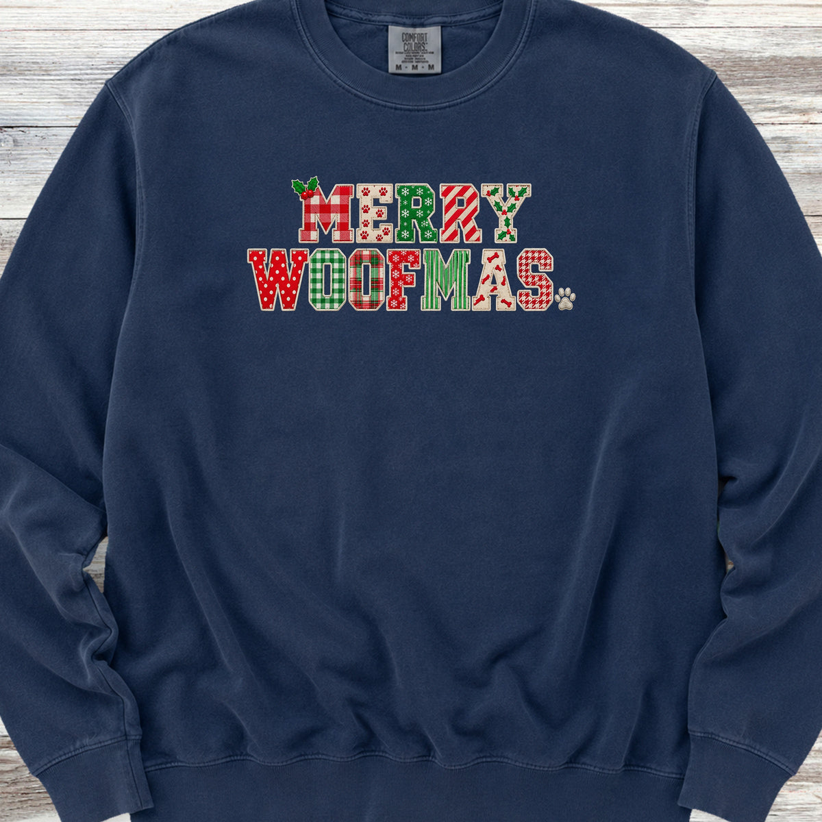 Merry Woofmas Faux Patchwork Sweatshirt - True Navy