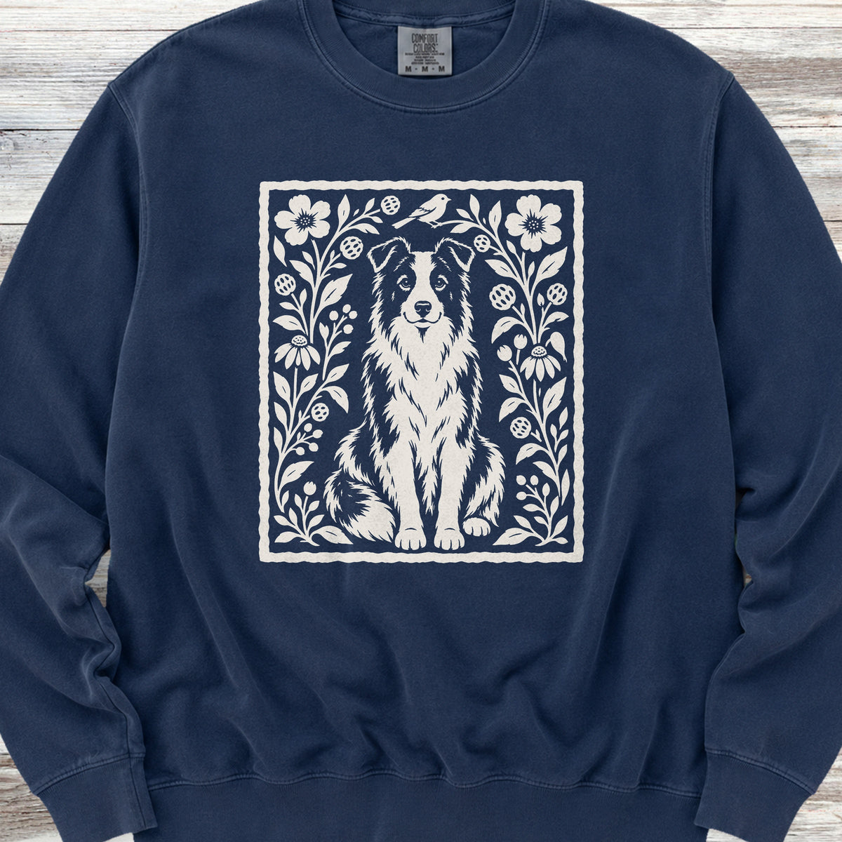 Border Collie Folk Art Floral Sweatshirt - True Navy