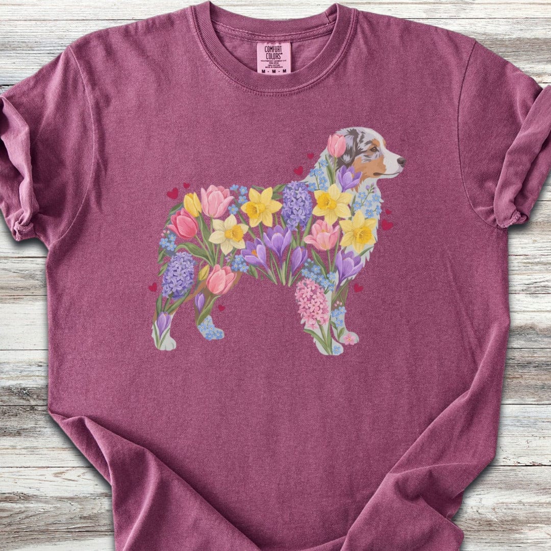 Australian Shepherd Spring Floral Silhouette T-Shirt
