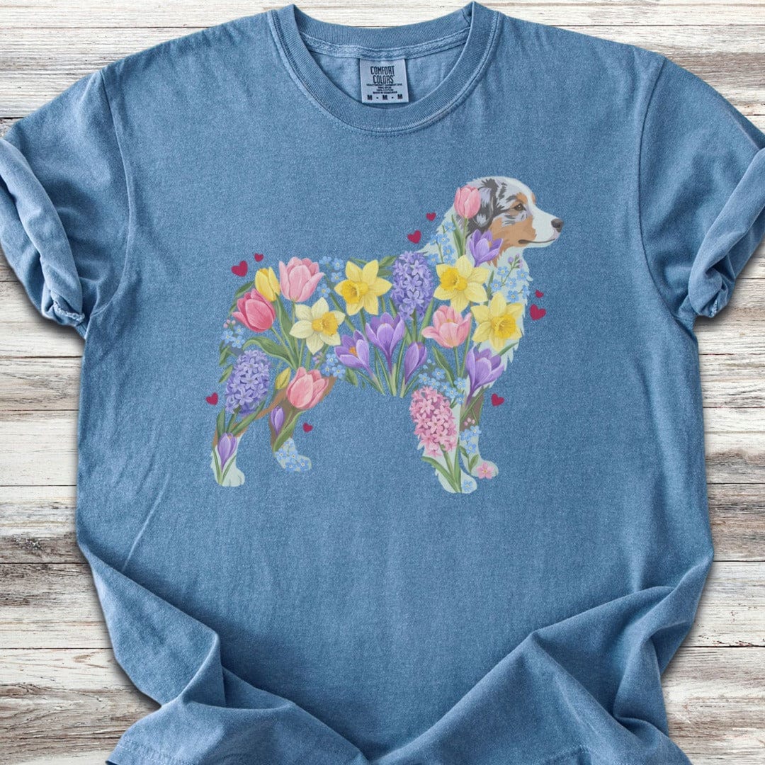 Australian Shepherd Spring Floral Silhouette T-Shirt