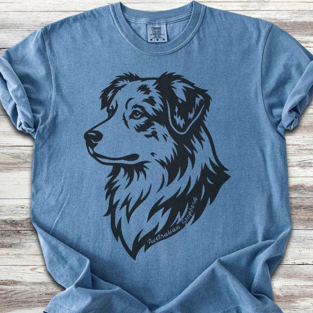 Australian Shepherd Woodcut Portrait T-Shirt