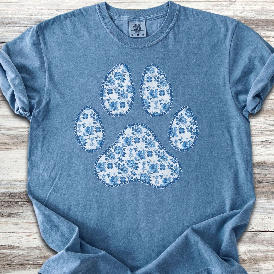 Blue Floral Paw Print T-Shirt