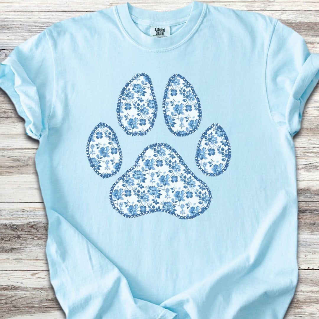Blue Floral Paw Print T-Shirt