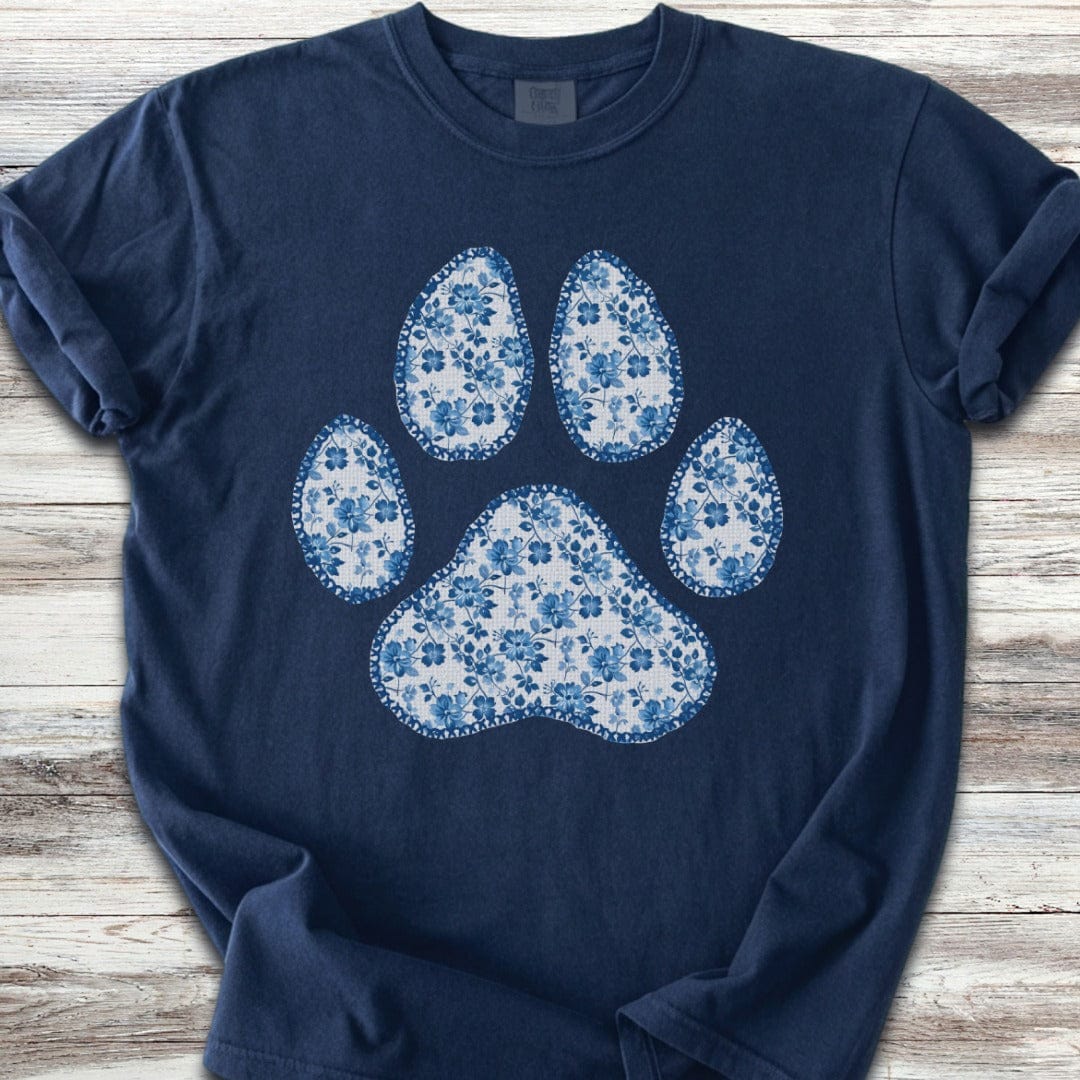 Blue Floral Paw Print T-Shirt