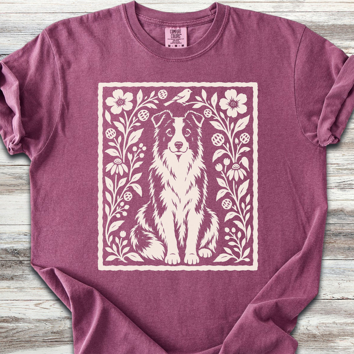 Border Collie Folk Art Floral - Berry