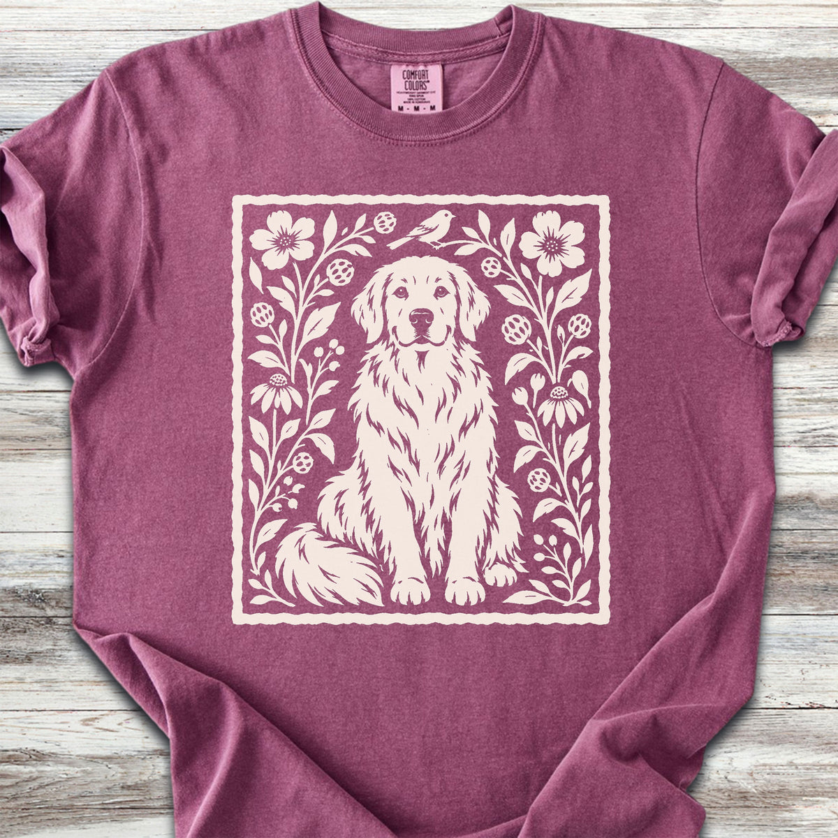 Golden Retriever Folk Art Floral - Berry