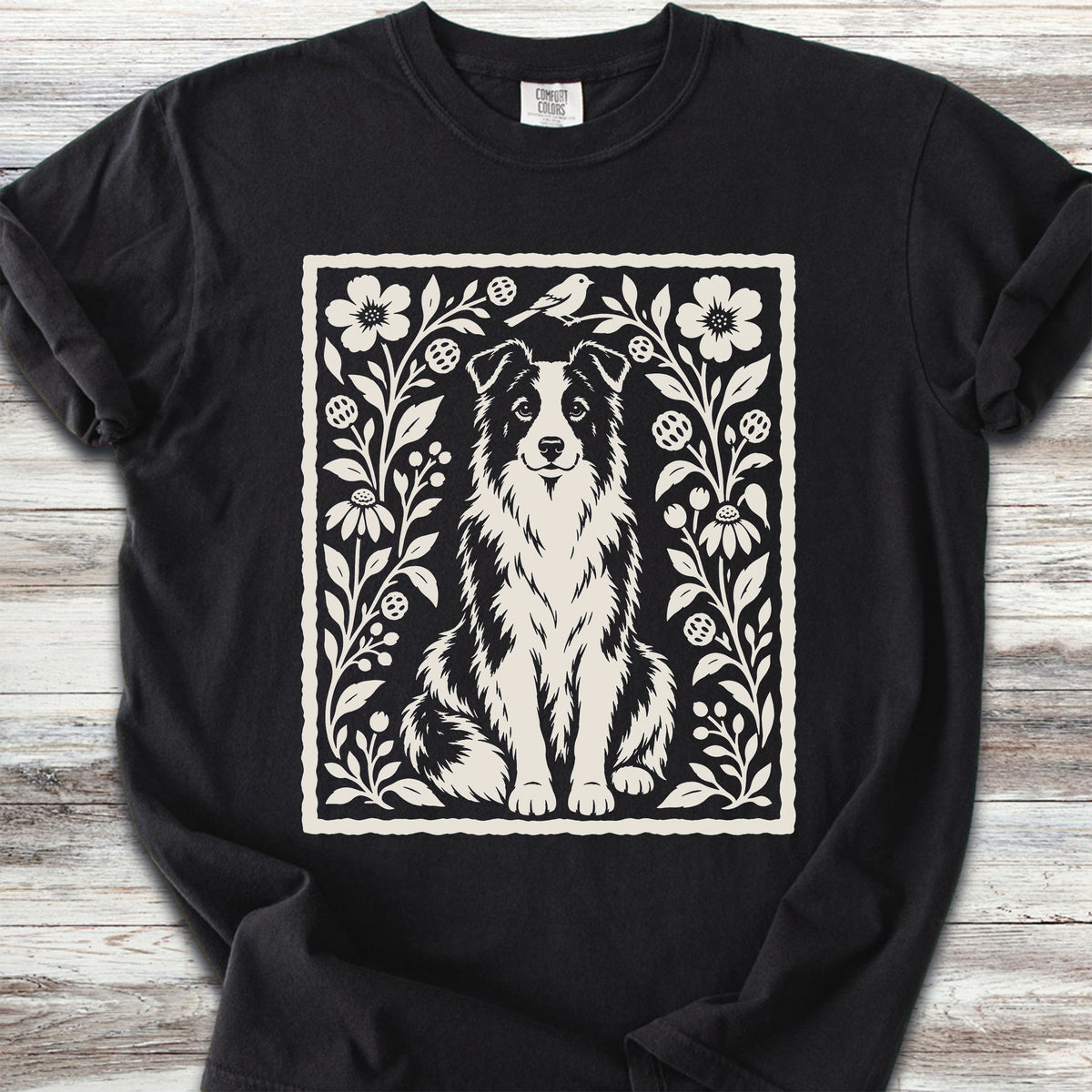 Border Collie Folk Art Floral - Black