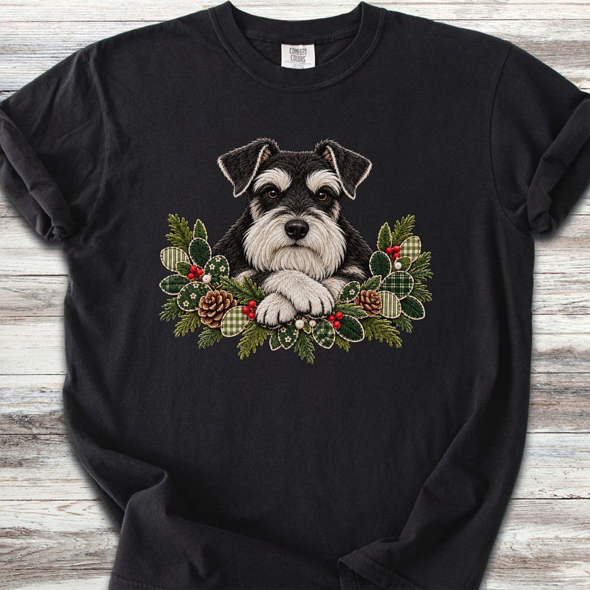 Schnauzer Black and Silver Winter Greenery Faux Embroidery - Black