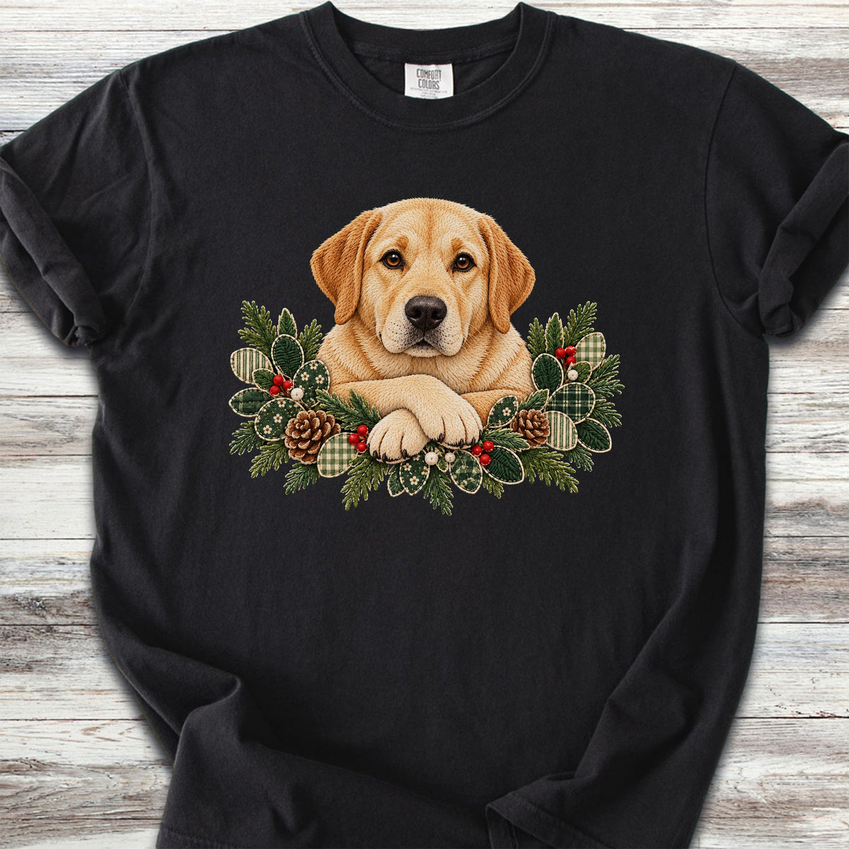 Labrador Retriever Yellow Winter Greenery Faux Embroidery - Black