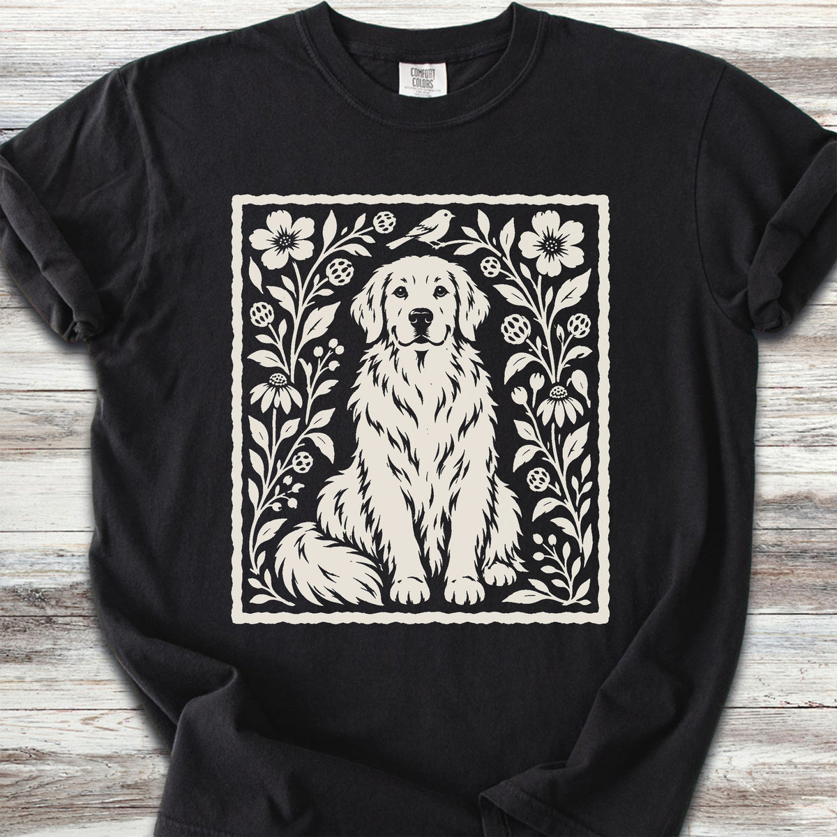 Golden Retriever Folk Art Floral - Black