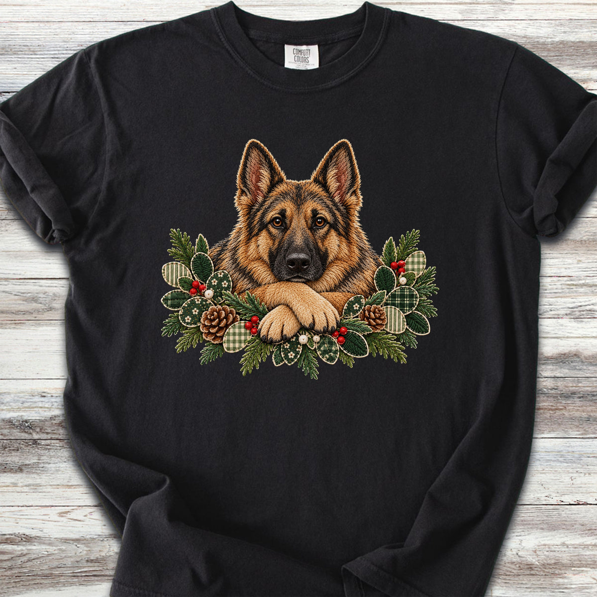 German Shepherd Sable Winter Greenery Faux Embroidery - Black