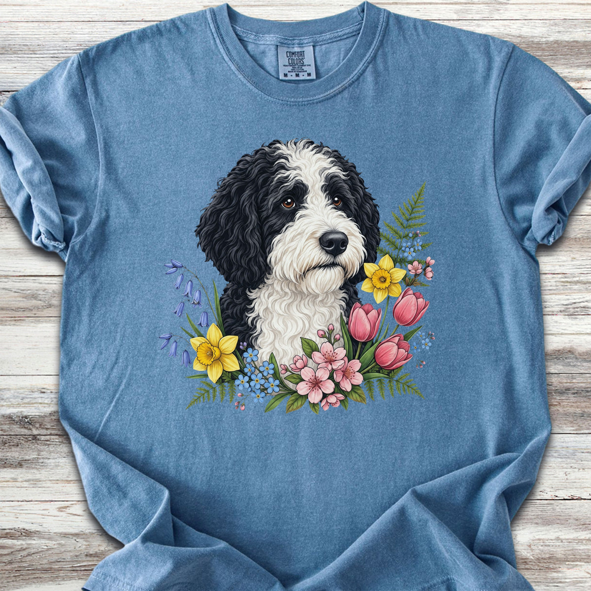 Sheepadoodle Spring Portrait - Blue Jean