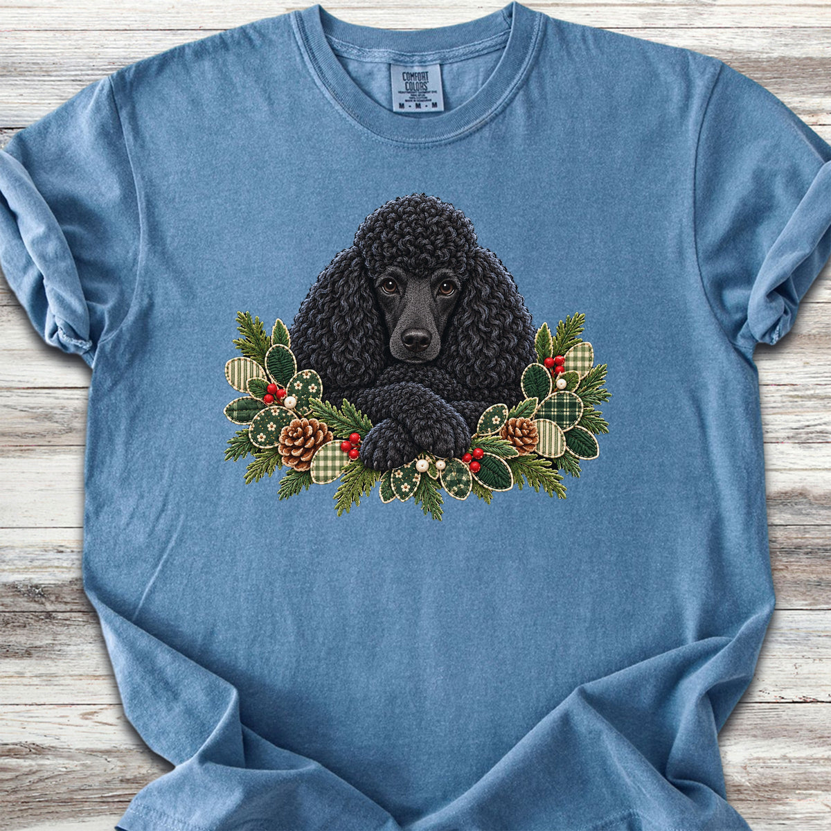Poodle Black Winter Greenery Faux Embroidery - Blue Jean