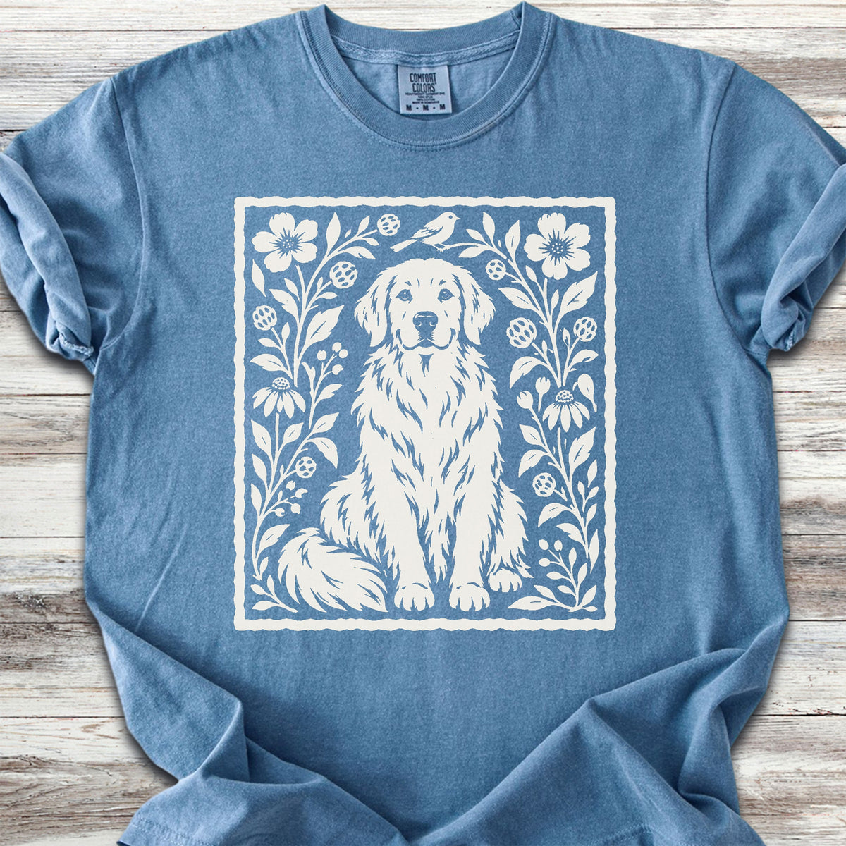 Golden Retriever Folk Art Floral - Blue Jean