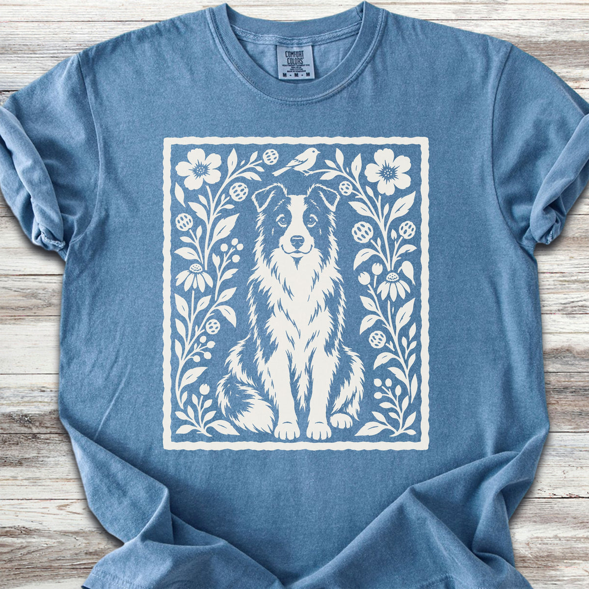 Border Collie Folk Art Floral - Blue Jean