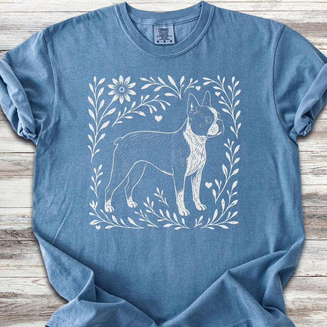 Boston Terrier Linocut - Blue Jean