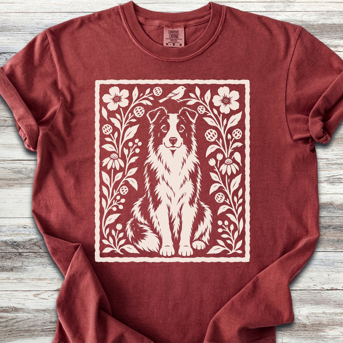 Border Collie Folk Art Floral - Brick