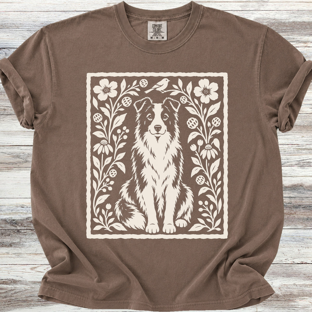 Border Collie Folk Art Floral - Espresso