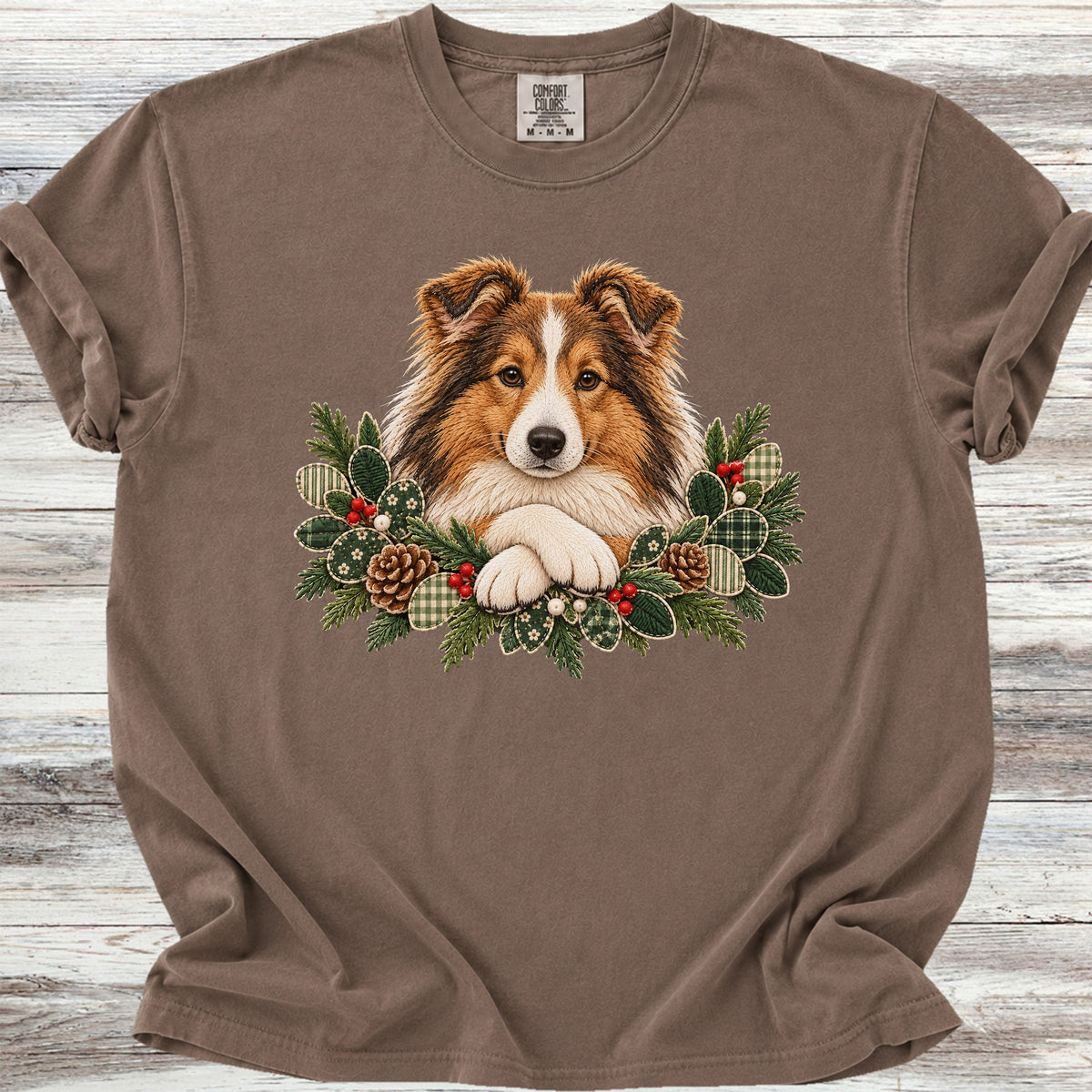 Shetland Sheepdog Winter Greenery Faux Embroidery - Espresso